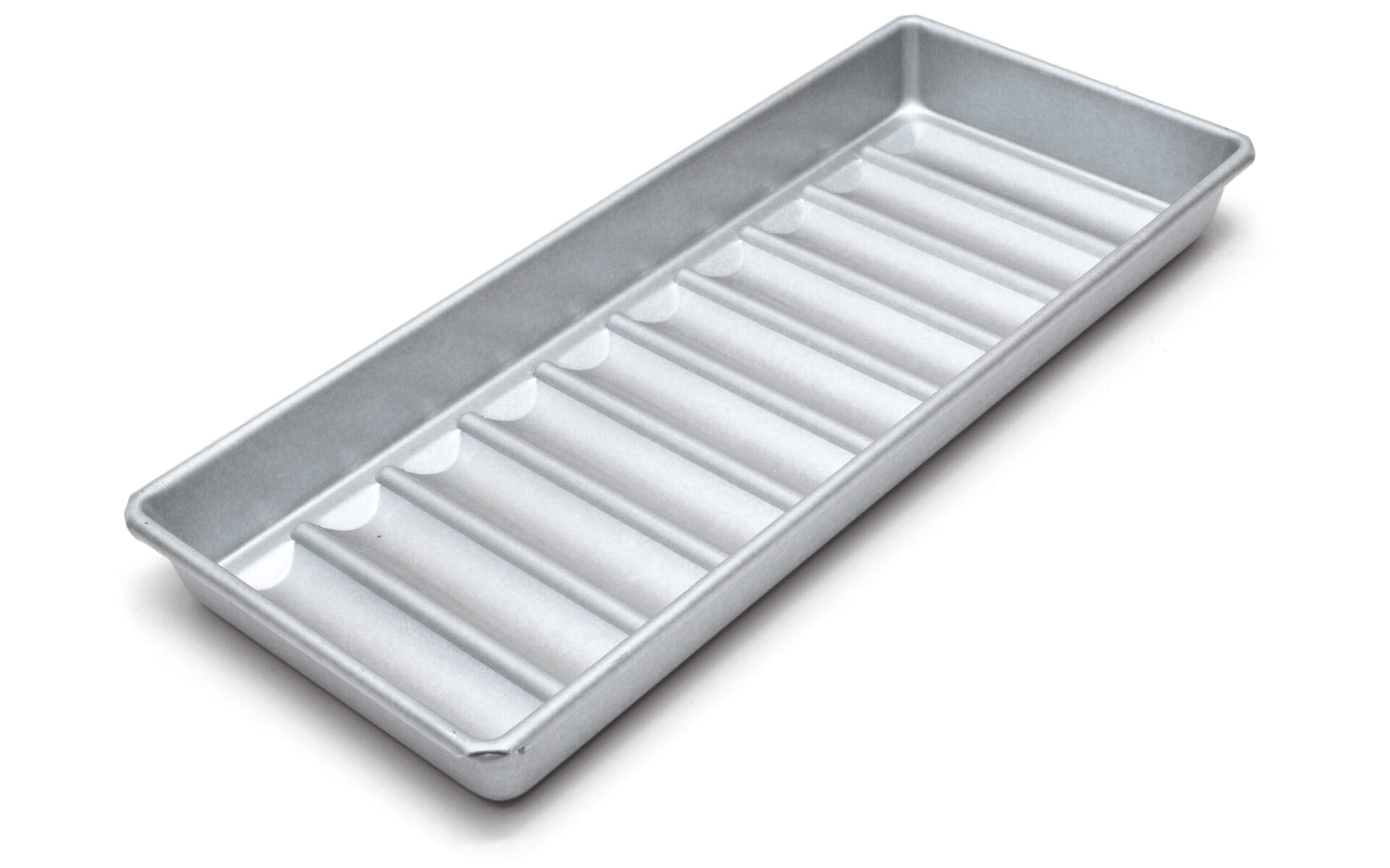 USA Pan's New England Hot Dog Bun Pan with connected cavities for baking split-top rolls.