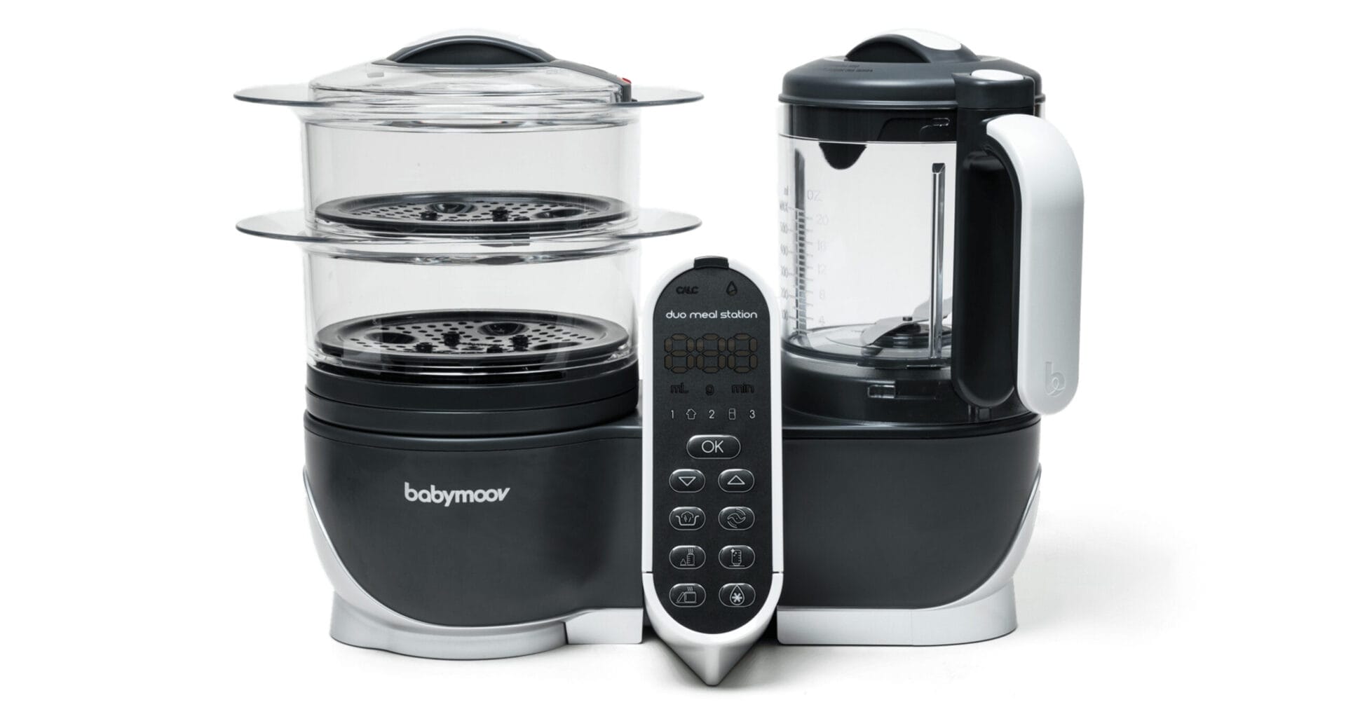 Babymoov The Duo Meal Station white 6-in-1 food maker with steaming baskets for preparing baby food.