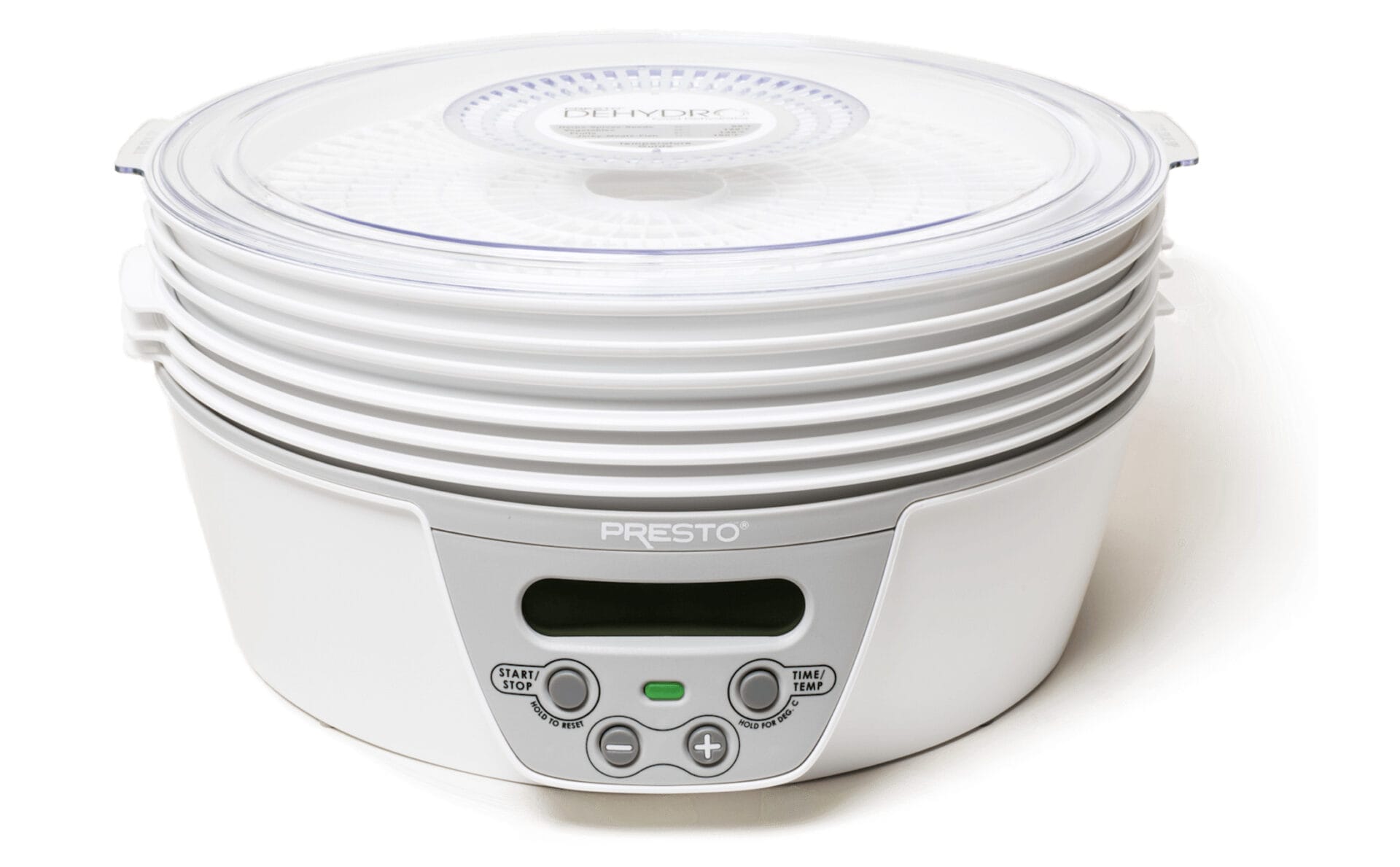 Presto Dehydro Electric Food Dehydrator with stackable circular trays and lift-off lid for compact drying.