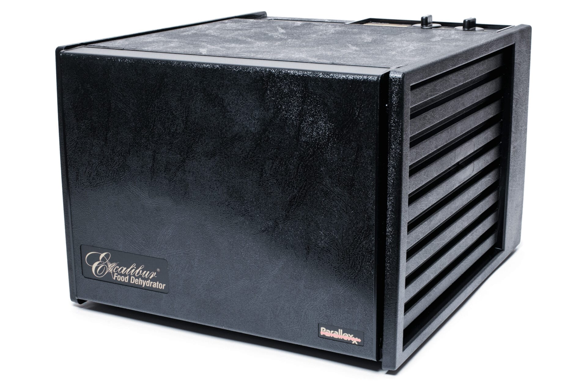 Excalibur Food Dehydrator with clear front door and multiple removable trays for drying fruits and jerky.