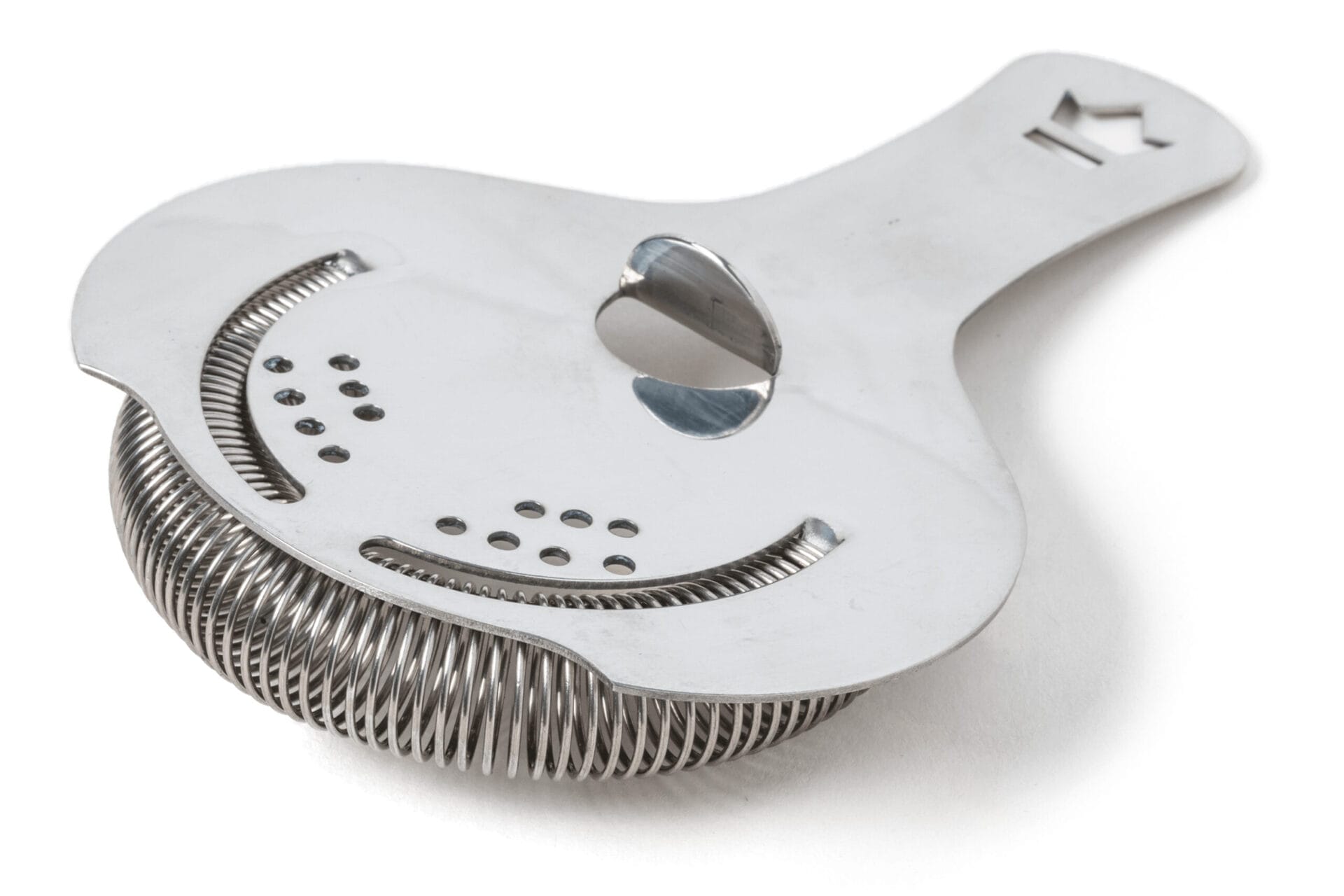 Cocktail Kingdom Koriko Hawthorne Strainer with perforated metal design and flexible coil for bartending drinks.