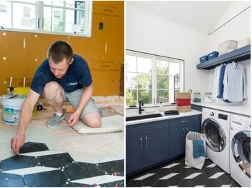Before and after photos of black and white tiles in a laundry room.