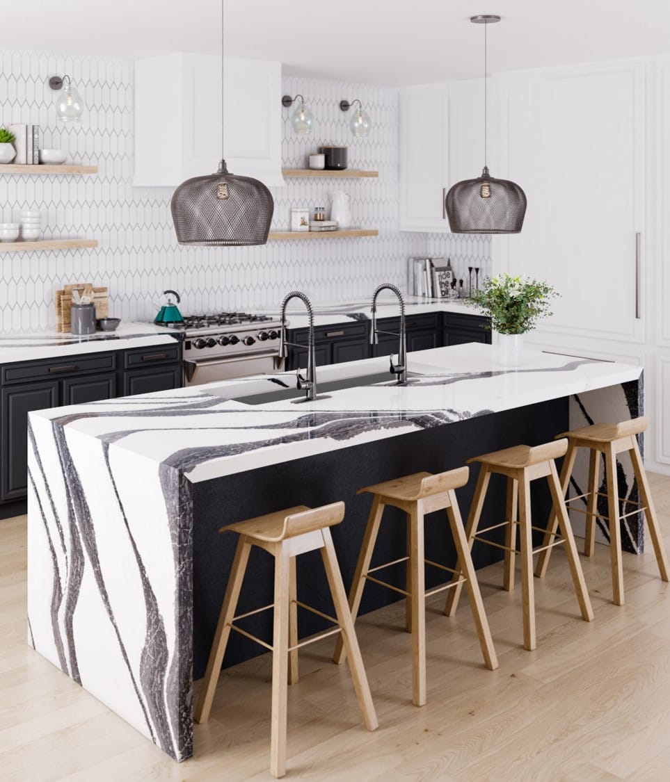 A striking kitchen island with a black and white Cambria countertop.