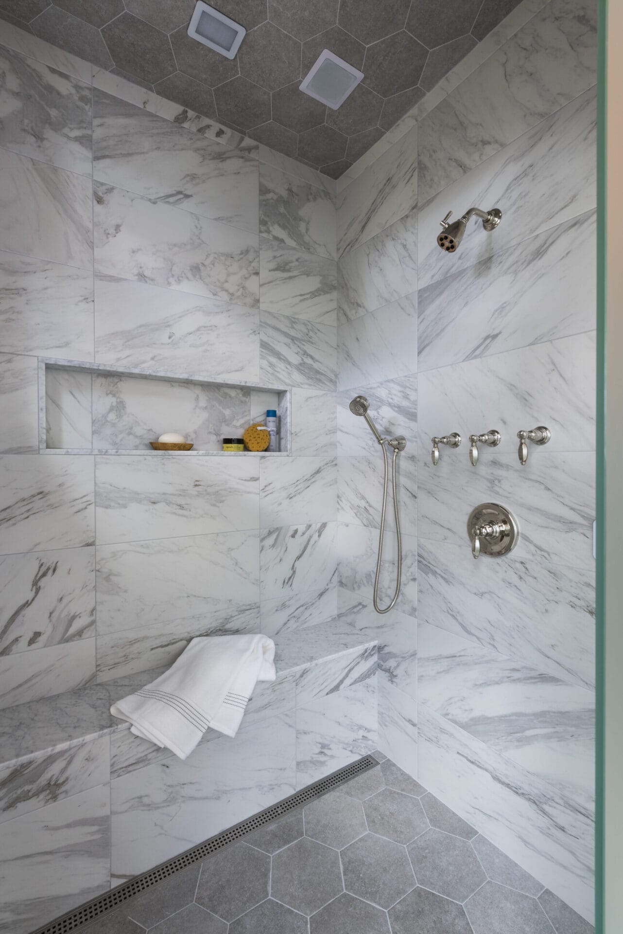 A large tiled shower.