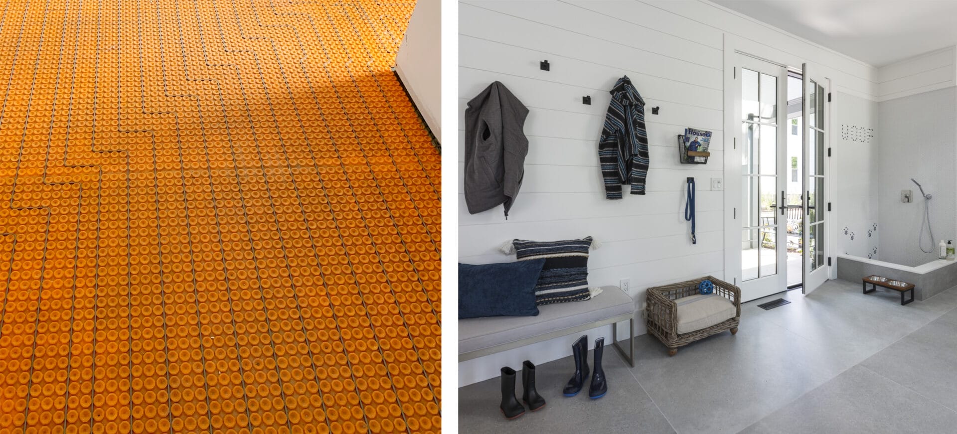 A close-up on radiant floor heating components. A second photo shows a remodeled entryway space.