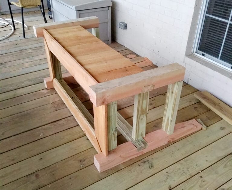 Bench frame with cedar cladding added.