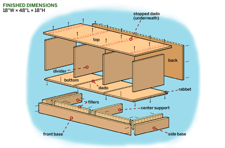 Diagram of mudroom bench with dimensions