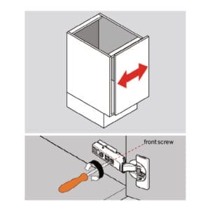 Graphic of how to adjust the door of a cabinet from side to side using the hinges.