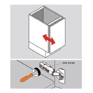 Graphic of how to adjust the door of a cabinet in and out using the hinges.