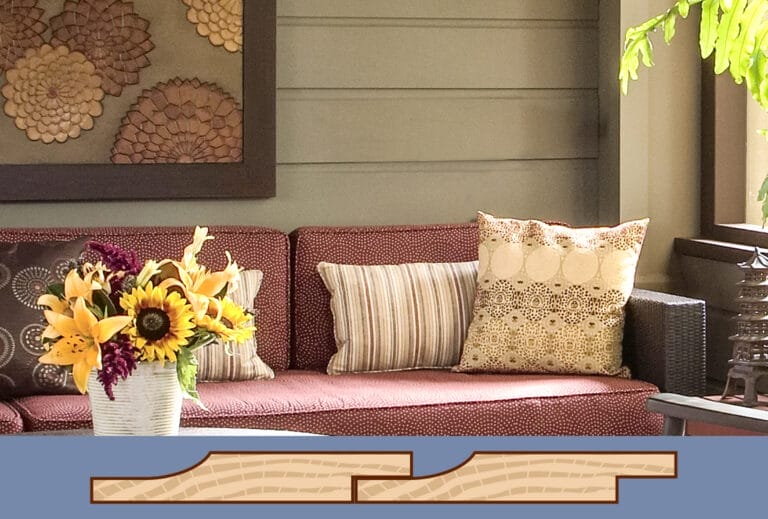 A living room with srop siding wooden paneling.