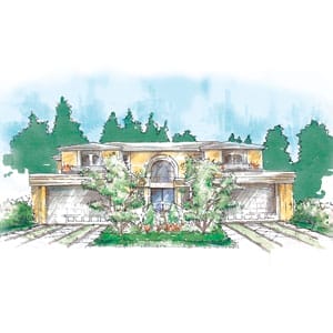 A driveway bordered by landscaping and plantlife.