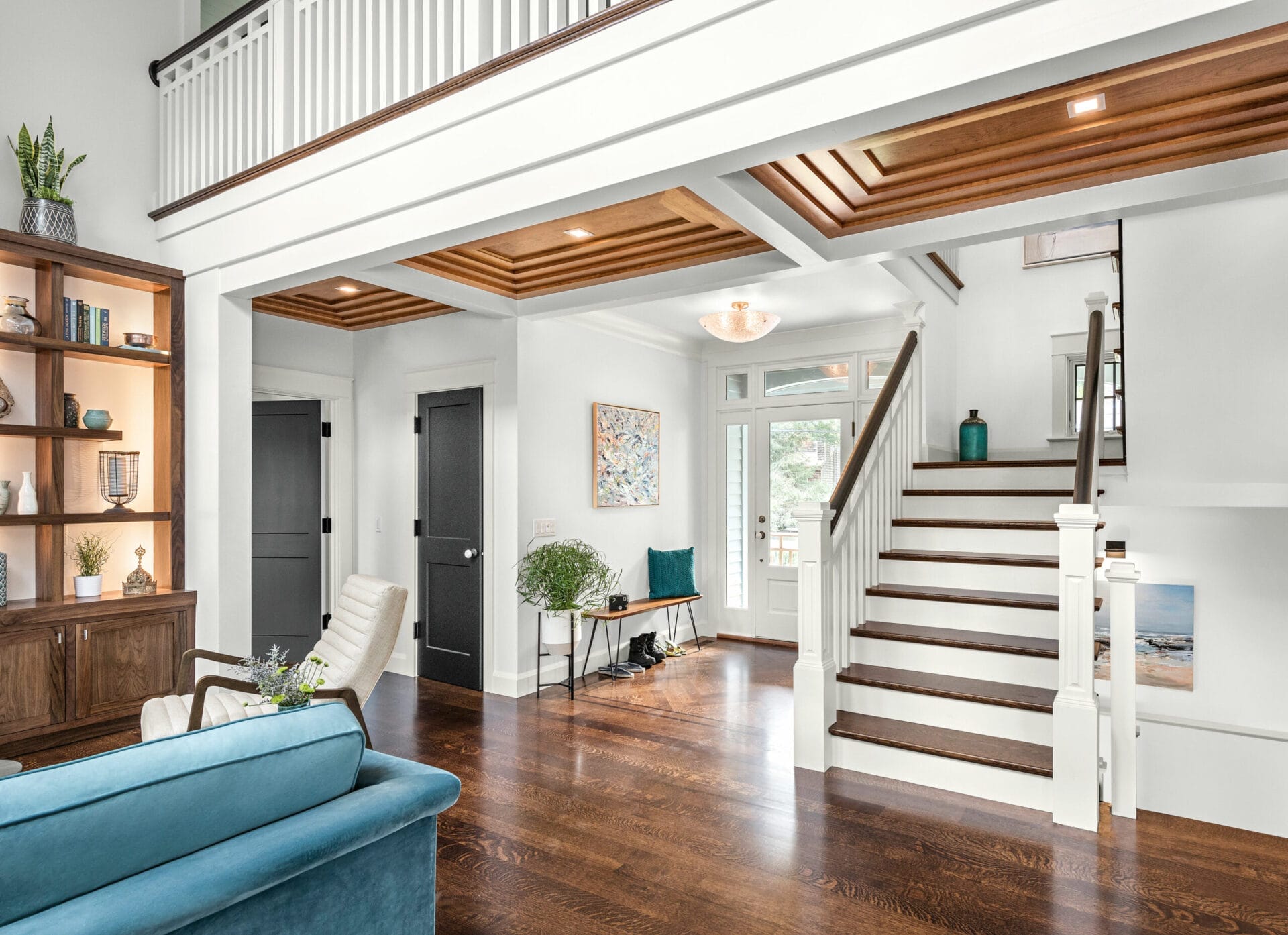 Hardwood flooring installed in the entryway of a house