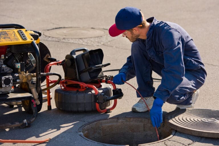 Plumber uses a portable camera in a sewer