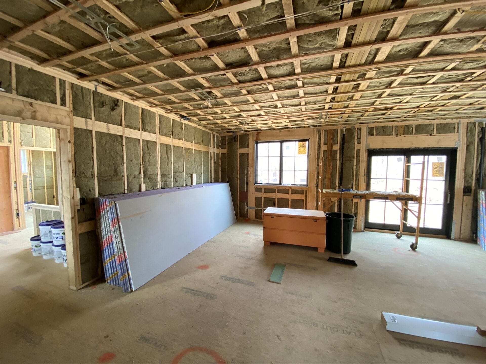 An interior view of an unfinished house.