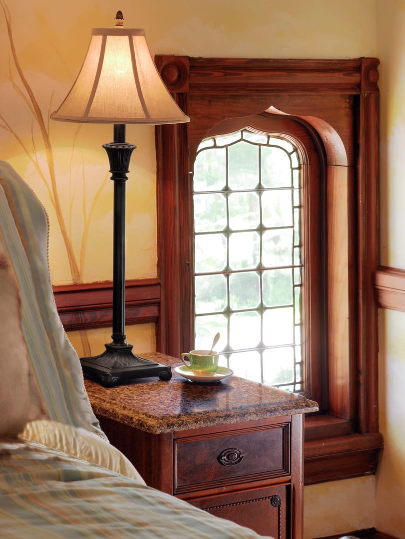 Quartz-topped bedside table resistant to coffee spill stains.