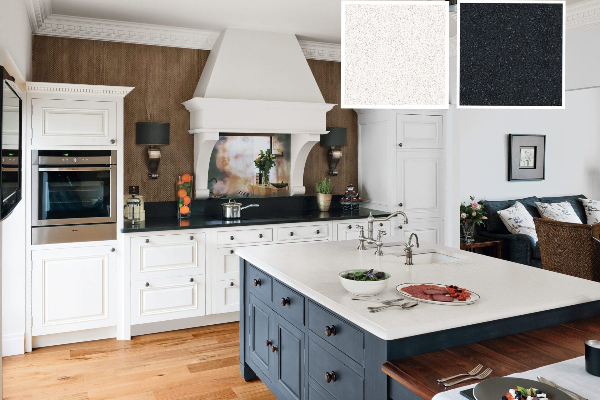 Classic black and white quartz in kitchen.