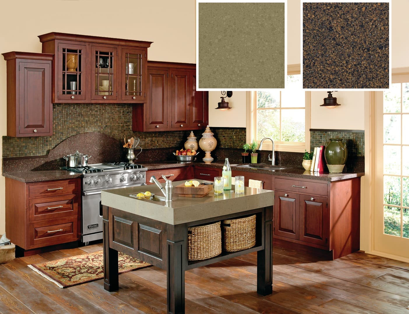 Traditional kitchen with two warm-toned quartz countertop colors.