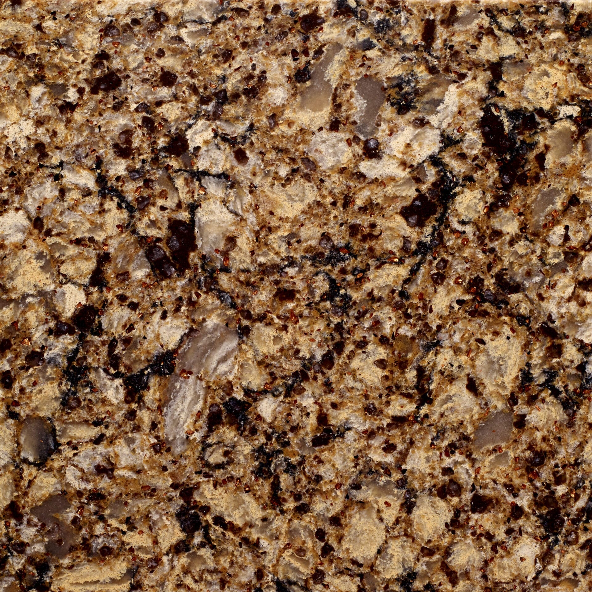 Granite-style quartz with veins and light-reflecting crystal elements.