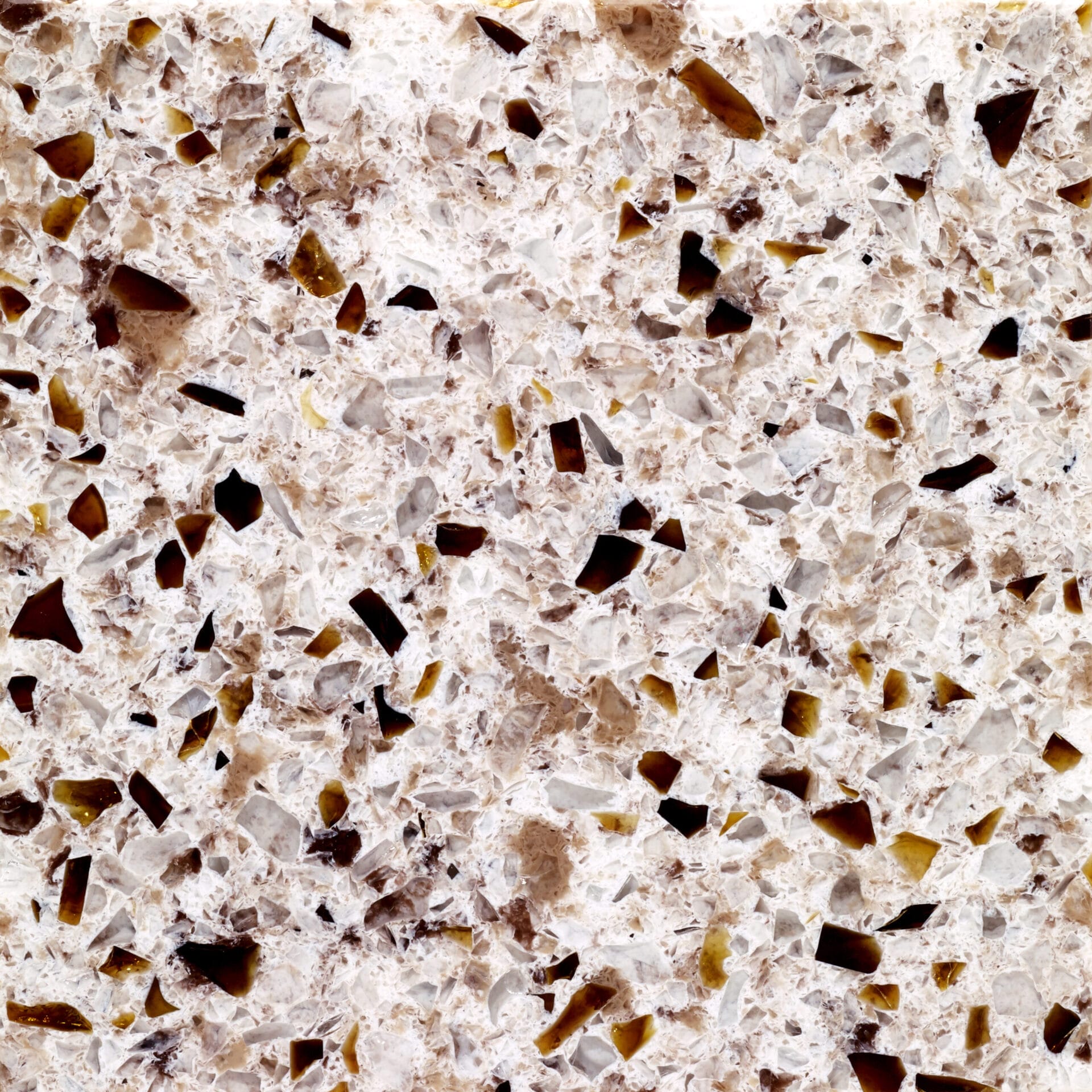 Terrazzo-style quartz featuring earthy recycled glass particles with sparkle.