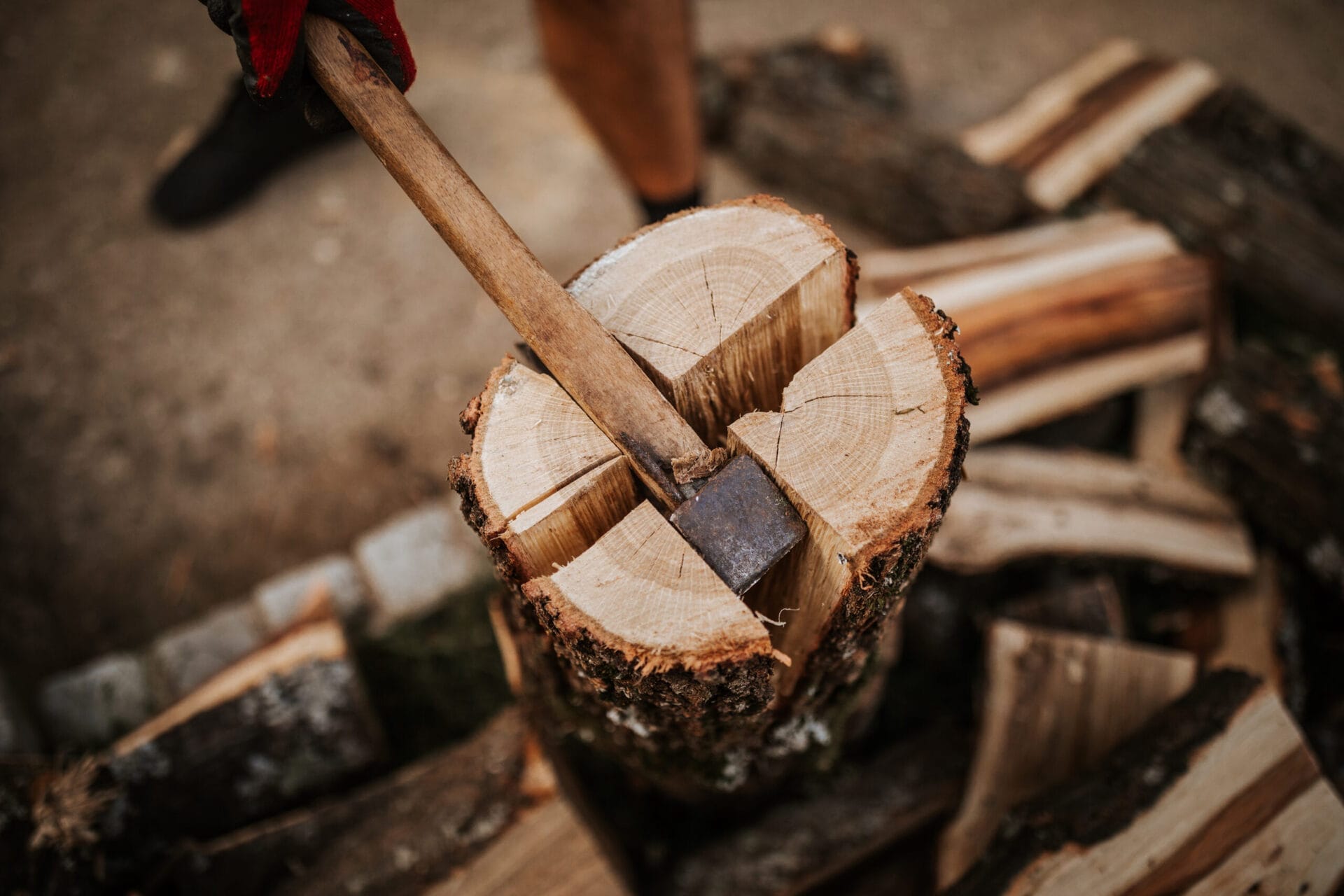 Splitting wood with an axe