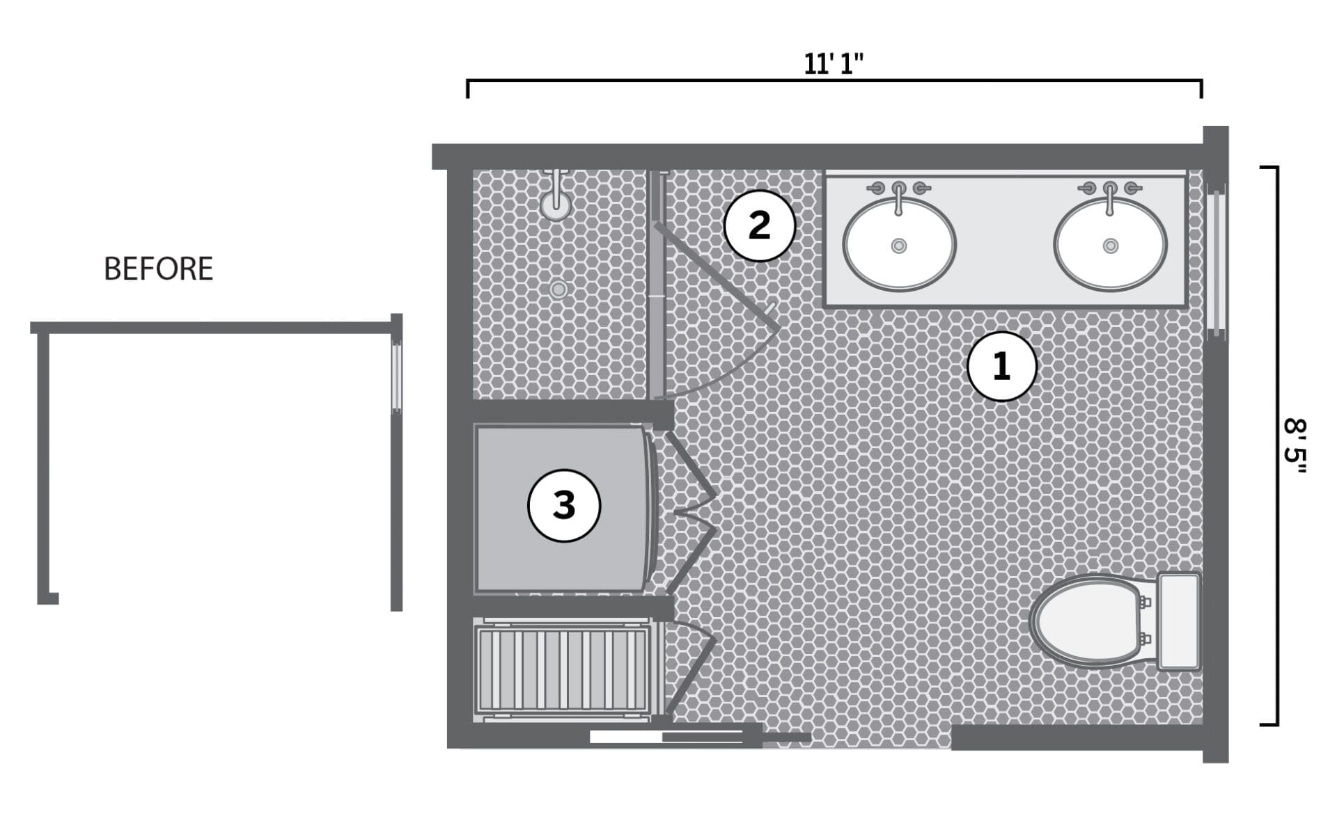 2 Diagrams showing the floor plan of a small bathroom.