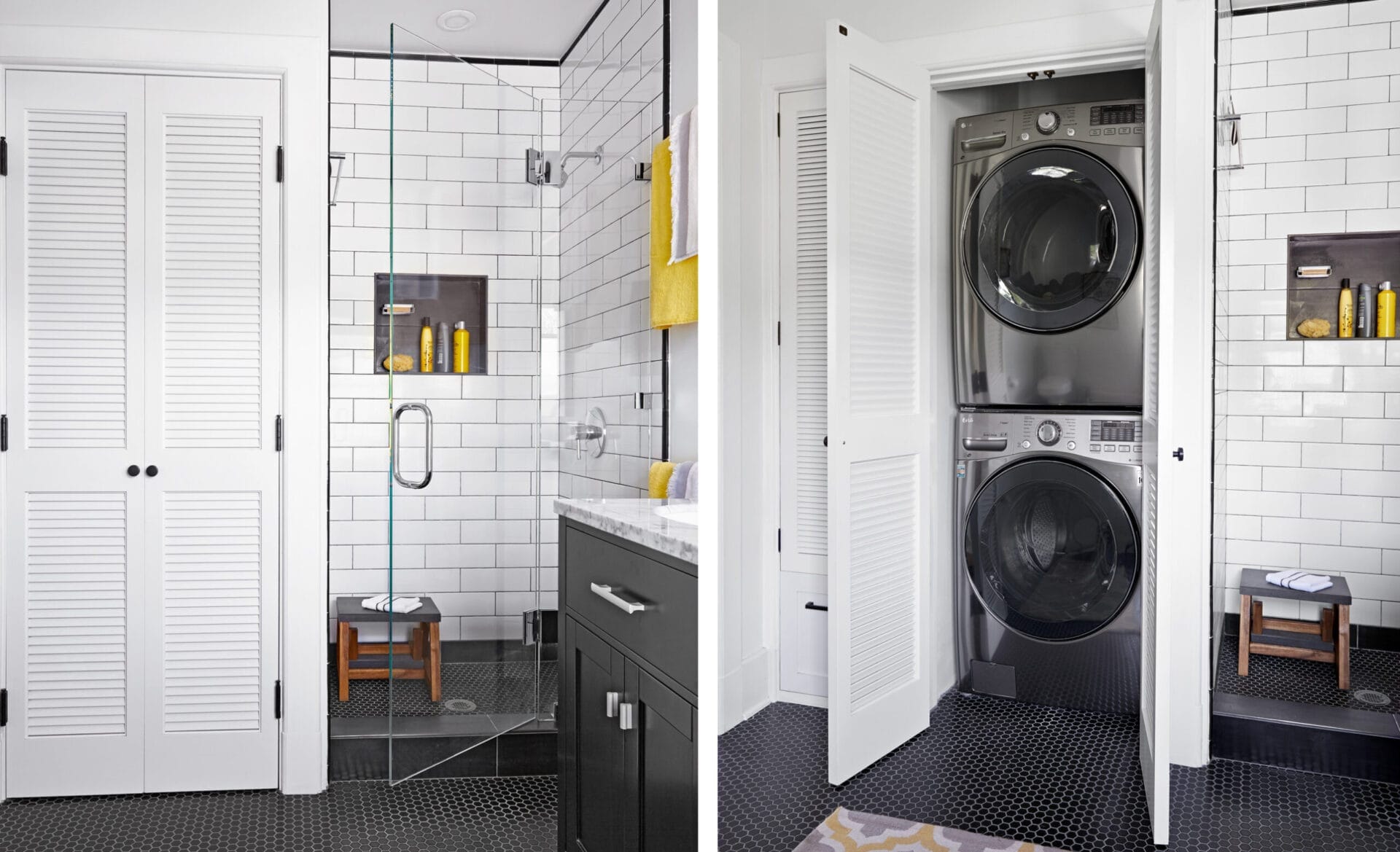 A small bathroom combined with laundry machines in a closet.