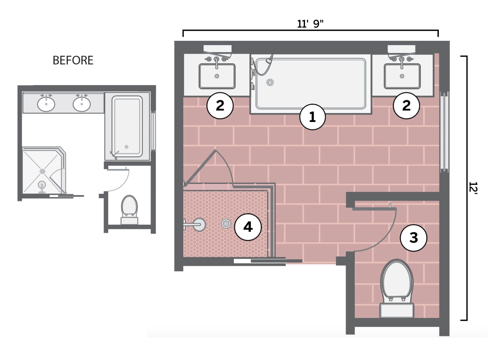 2 diagrams of small bathrooms showing their floor plan.