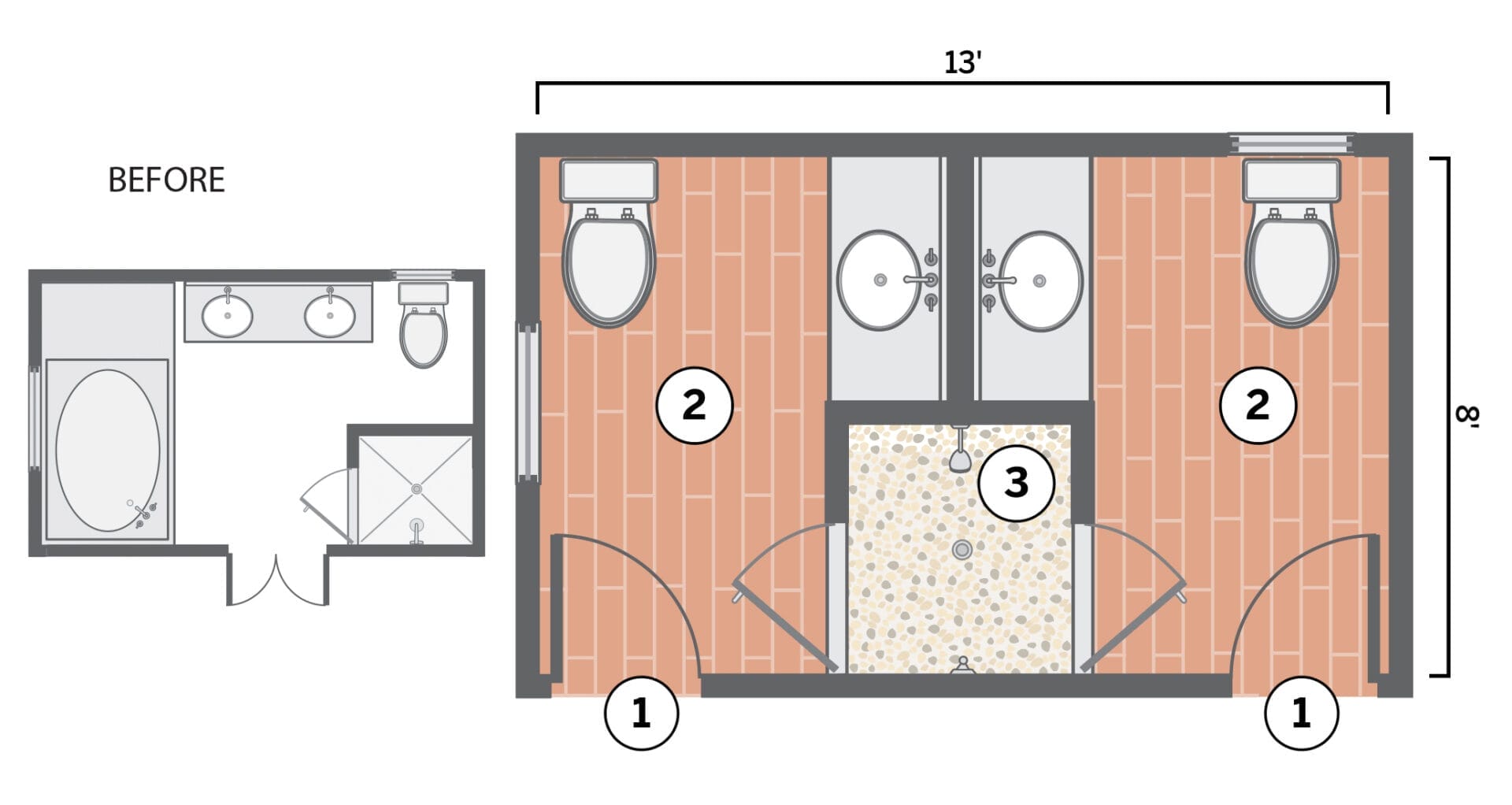 2 diagrams showing the floor plan for a small bathroom.
