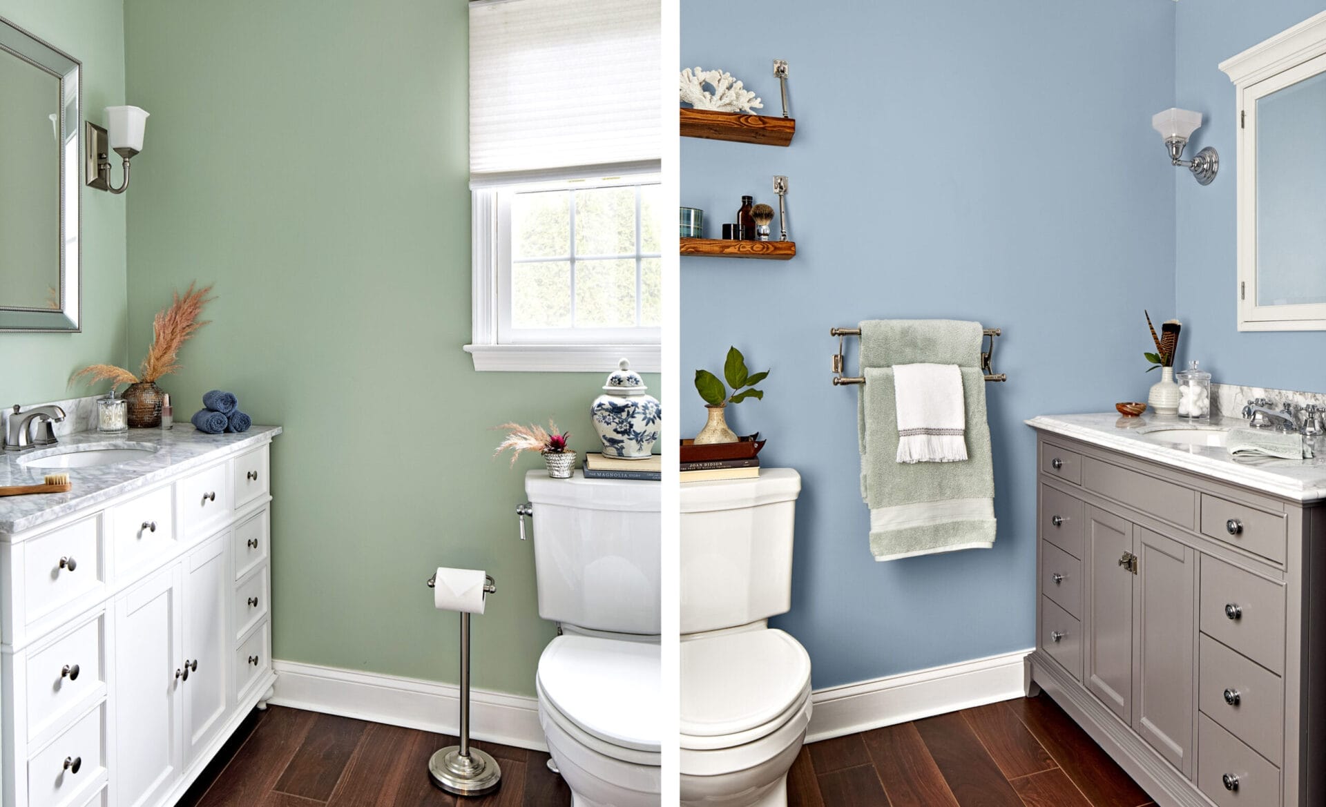 Two images of small bathrooms with toilets and sinks. The left room is painted green, the right is painted blue.