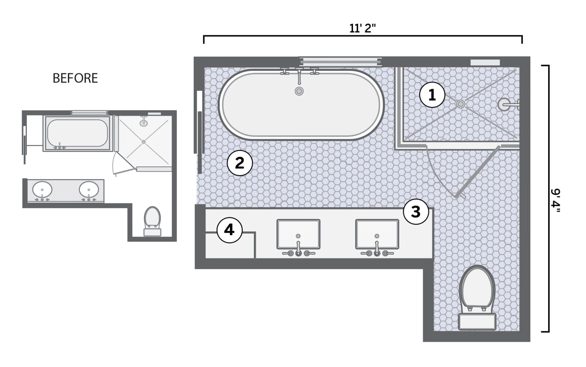 Two diagrams showing the layout of a small bathroom.