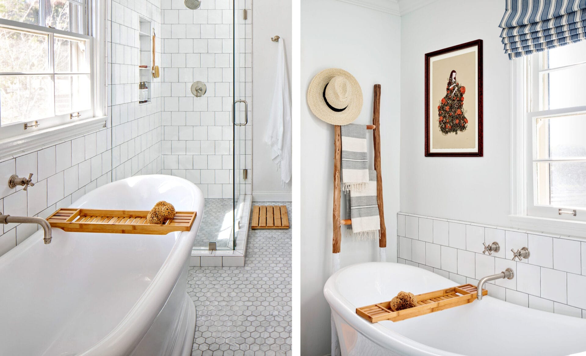Two images of a bathtub in a small bathroom.