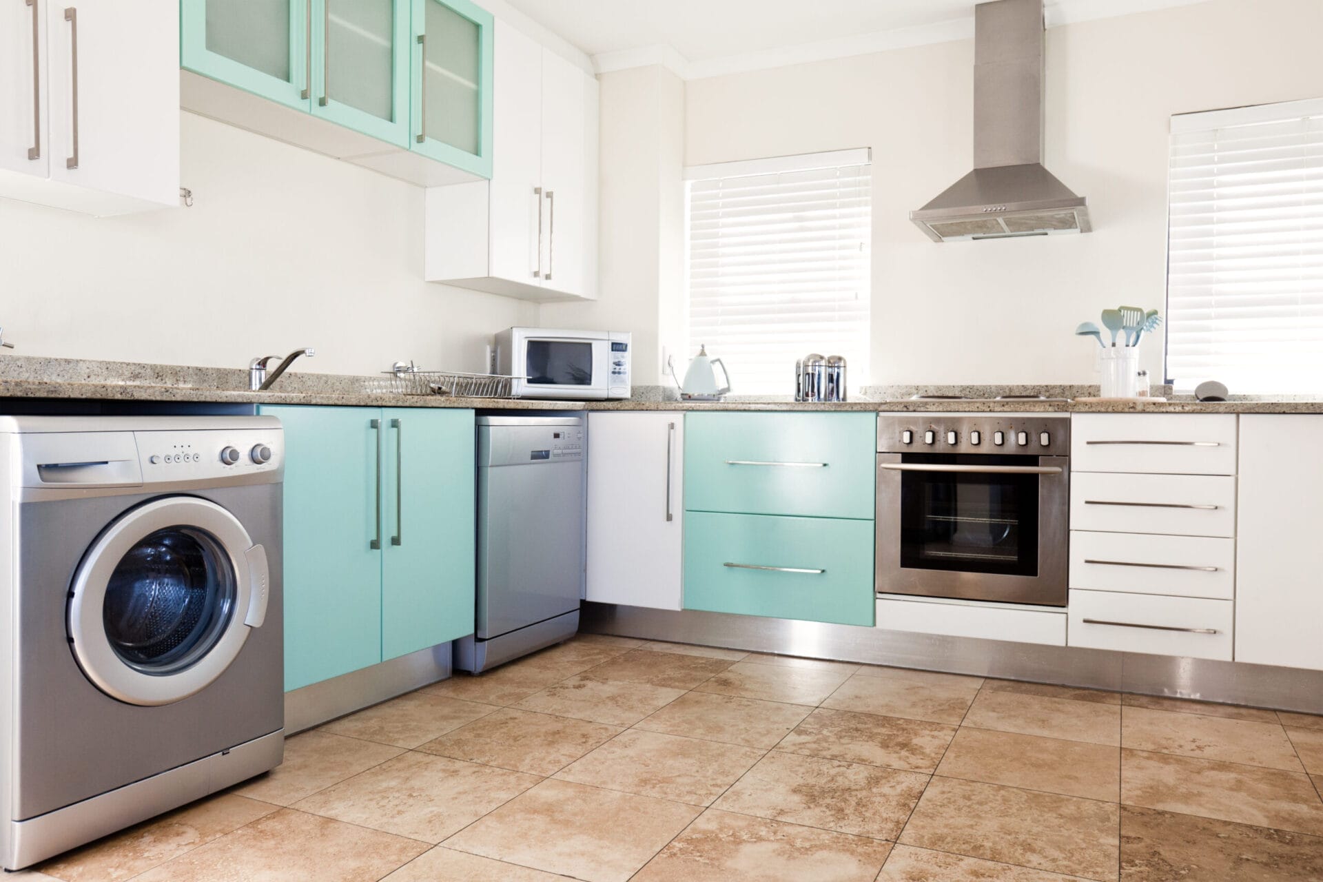 Kitchen with aqua blue accents
