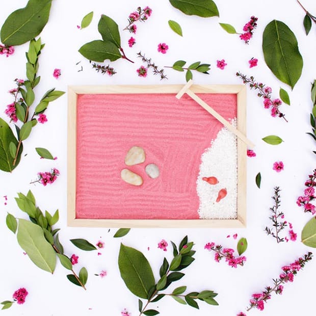 A zen garden with a pop of color.