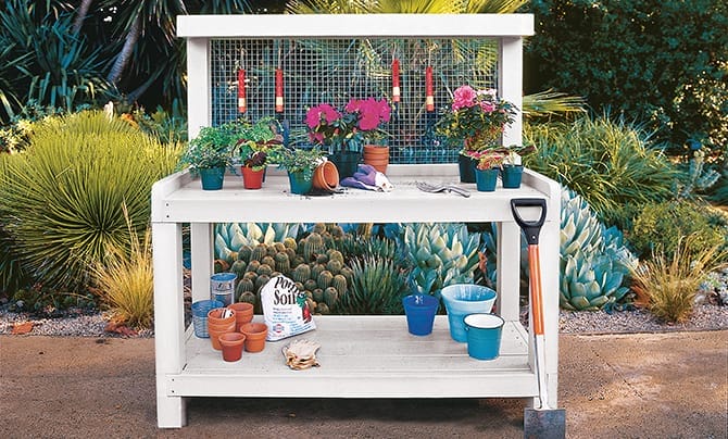 A potting bench sitting on a patio