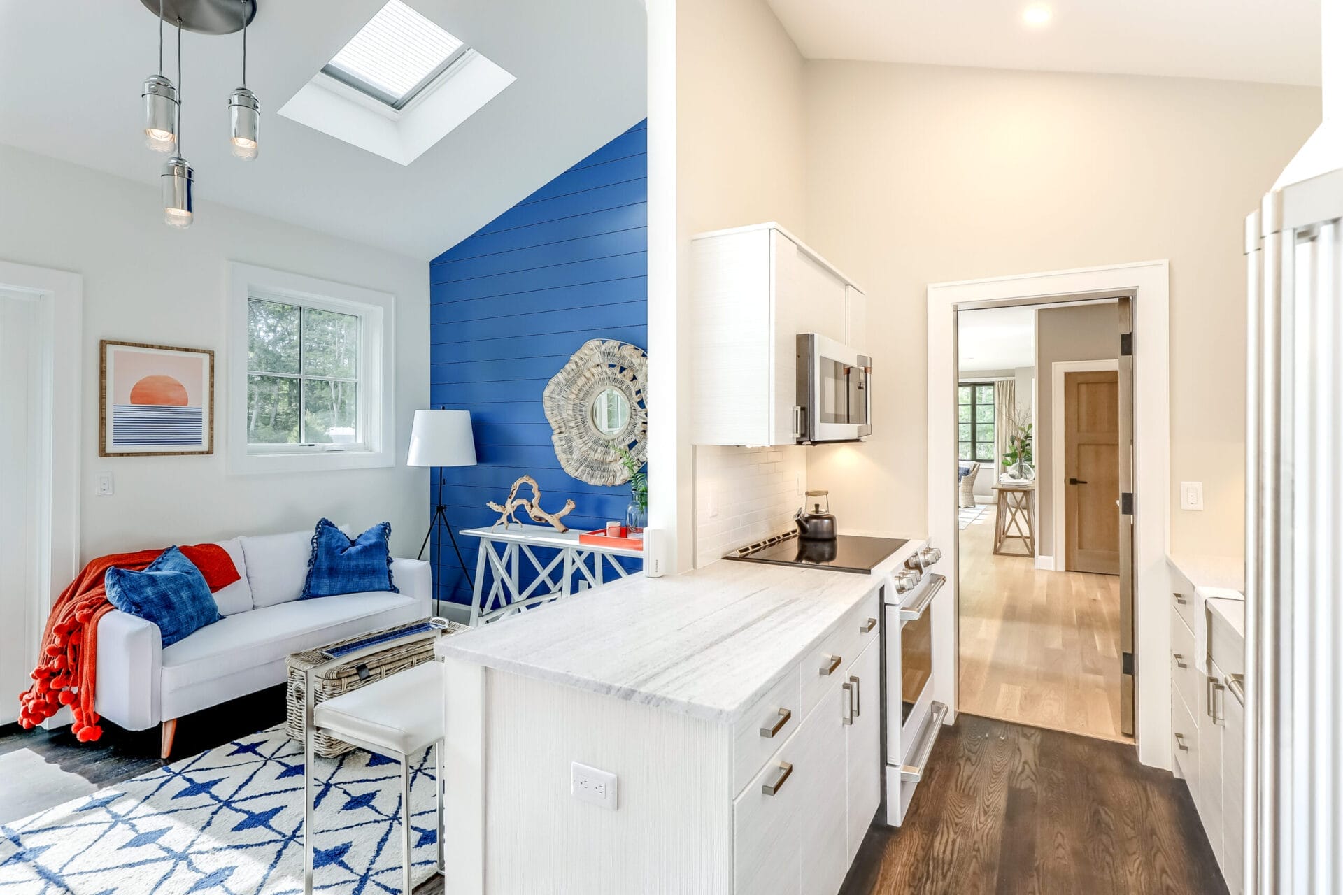 A living area with multiple light fixtures.