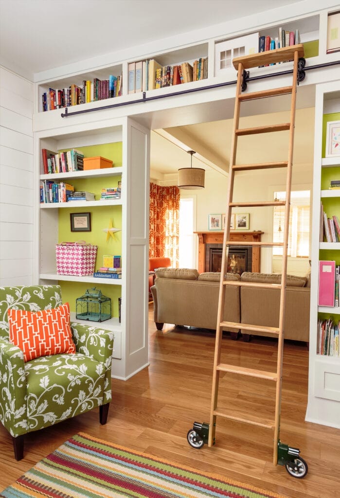 Built-in bookshelves with a rolling ladder.