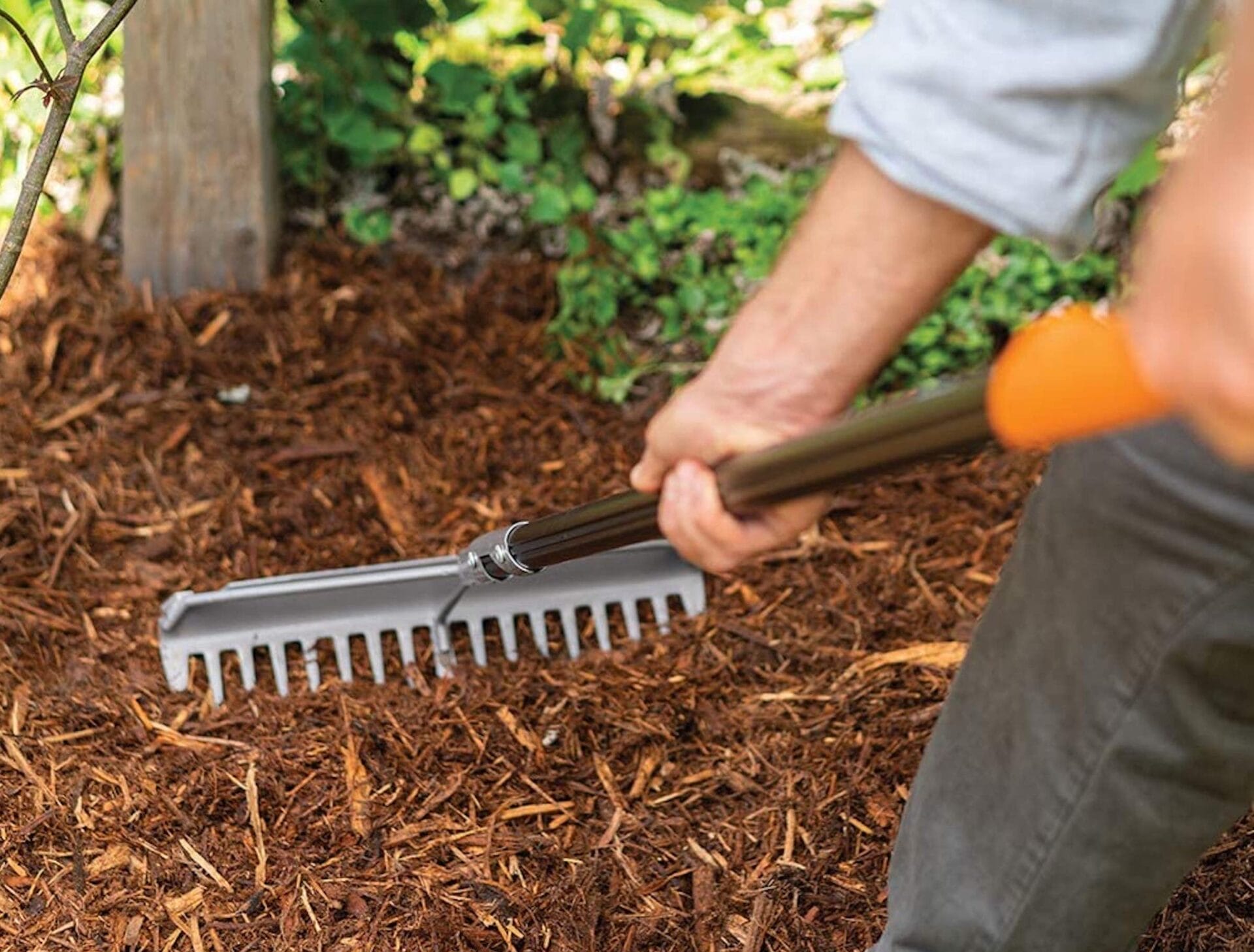 Fiskars Garden Rake Used on Mulch