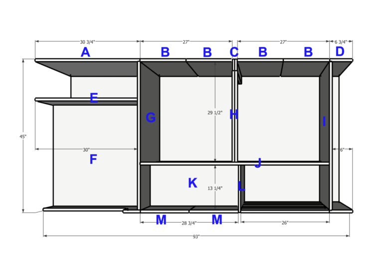 Labeled diagram of the mobile workbench cut list.