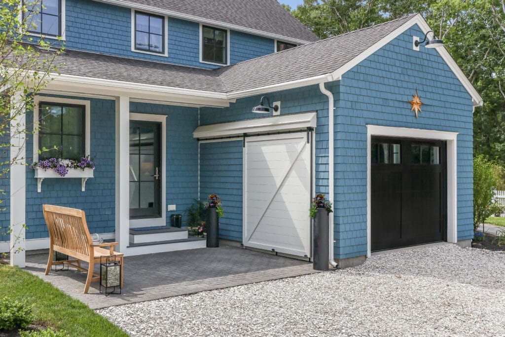 an attached garage where the door is closed for security purposes.