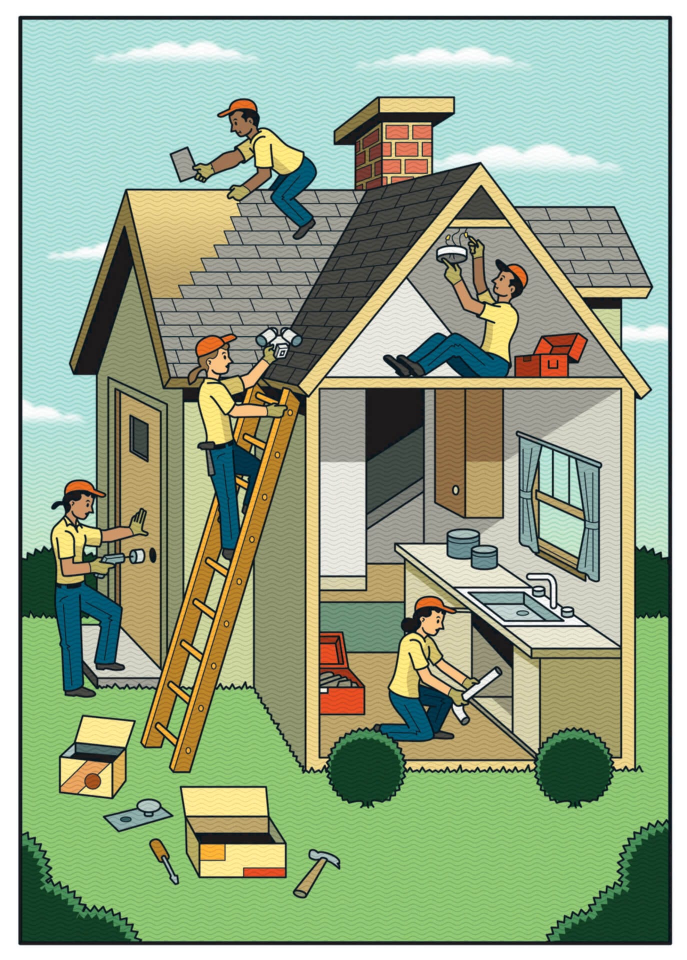 illustration of a lot of work being done on a home to upgrade it