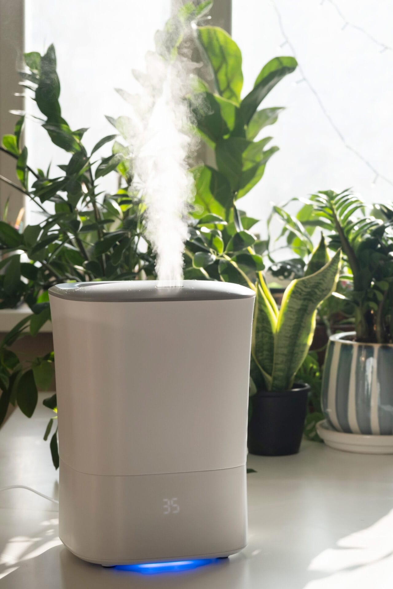 A humidifier running to keep the humidity at a comfortable level that won't cause condensation on windows. 