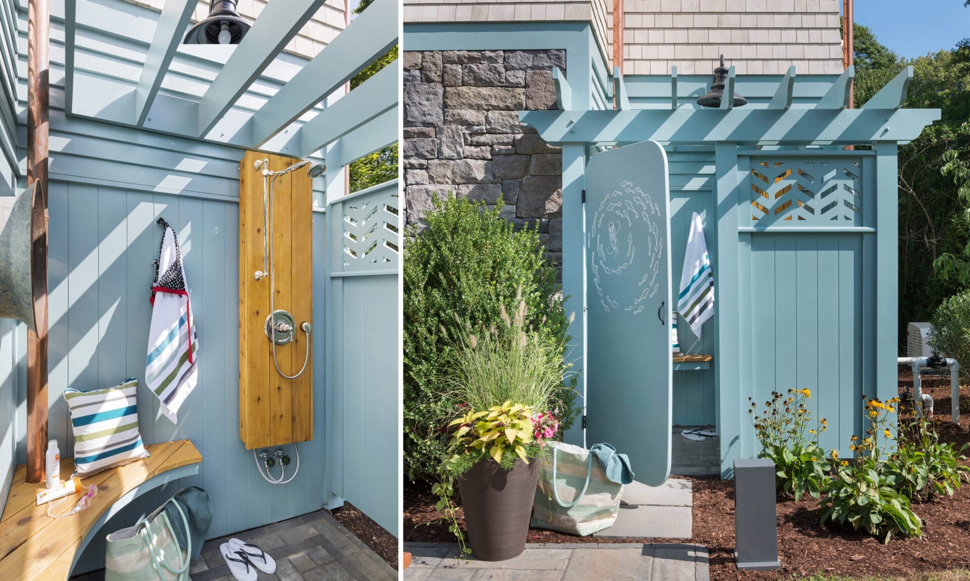 Outdoor shower with wooden walls painted blue and a natural wood bench inside.