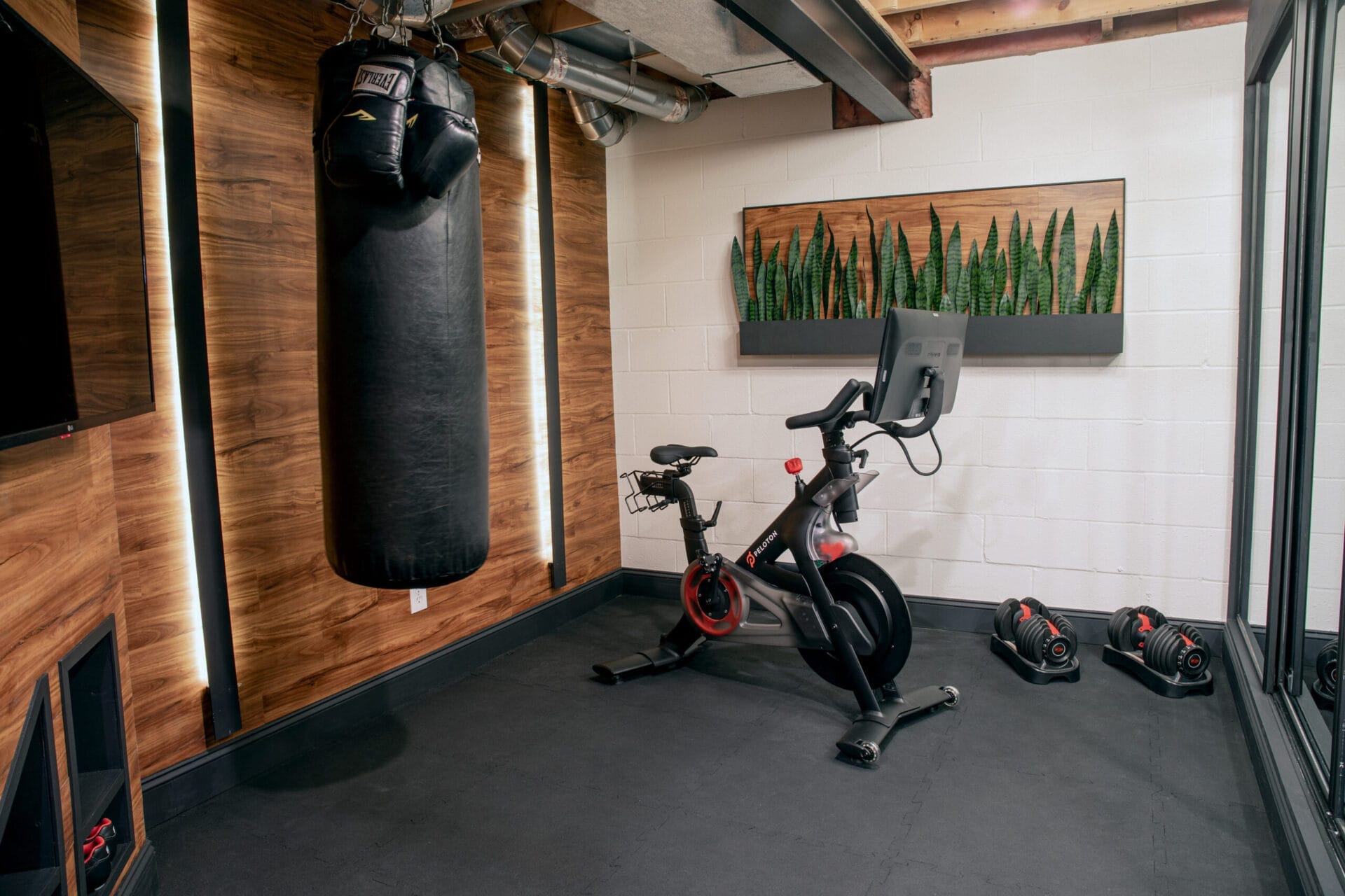 A home gym in a basement storage room.