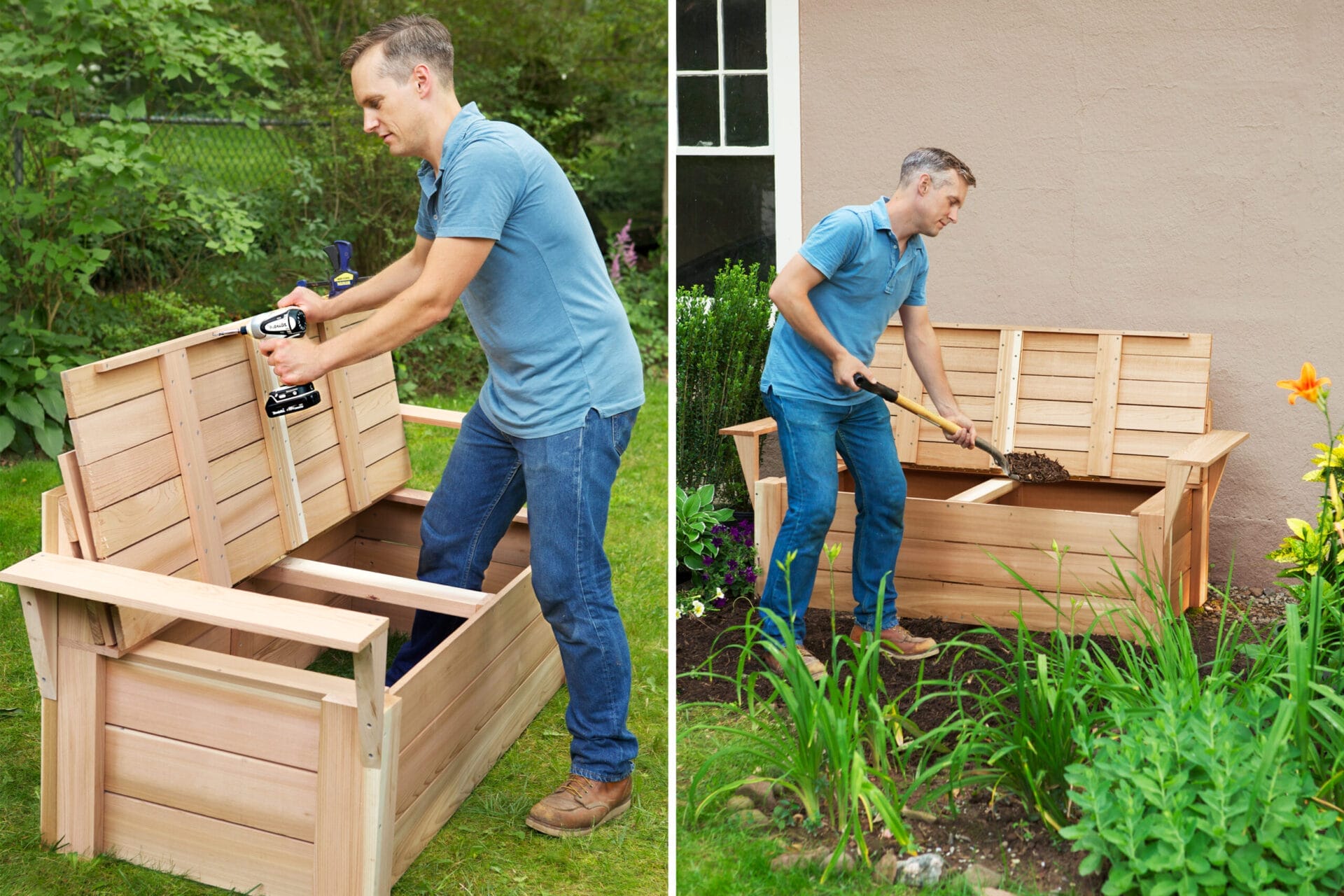 securing the hinge of the top of a cedar compost bench