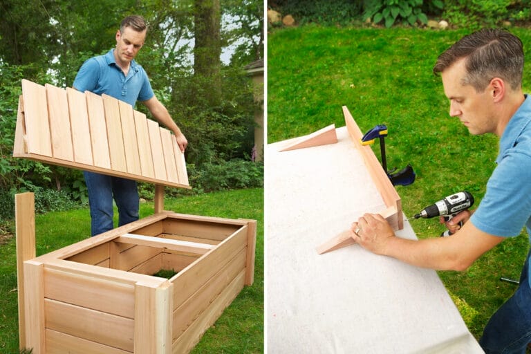 installing the slats onto the base of the cedar compost bench