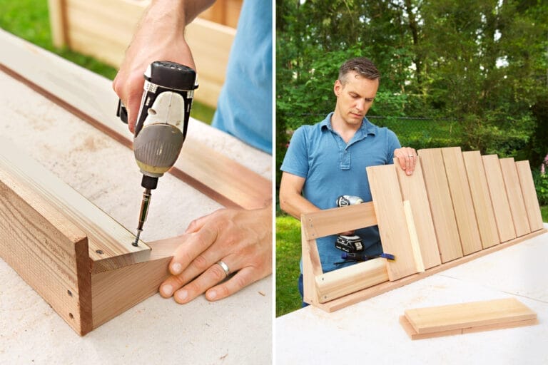 attaching the backrest brackets of a cedar compost bench