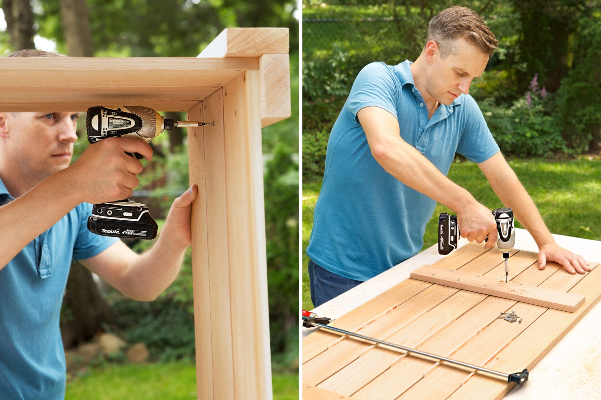 drilling connecting pieces of wood to the base of the cedar compost bench