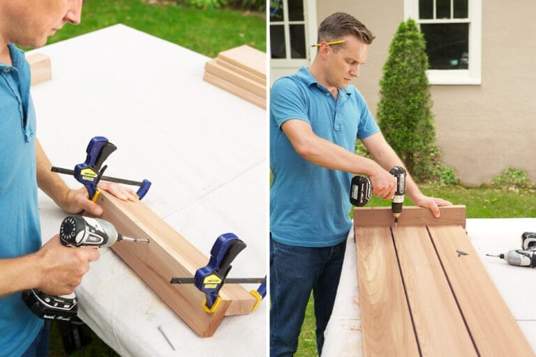 drilling holes into the boards of a compost bench