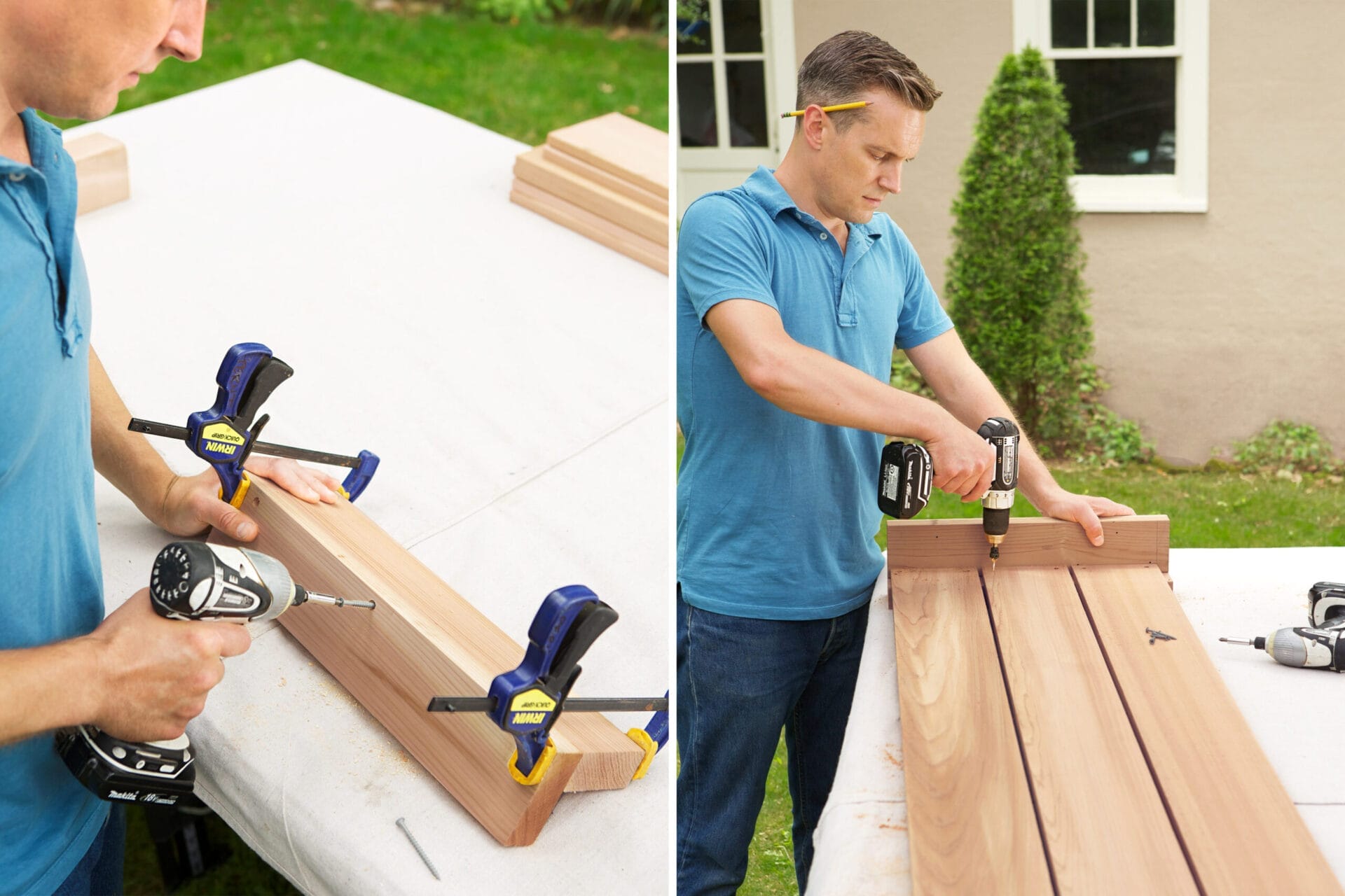 drilling holes into the boards of a compost bench