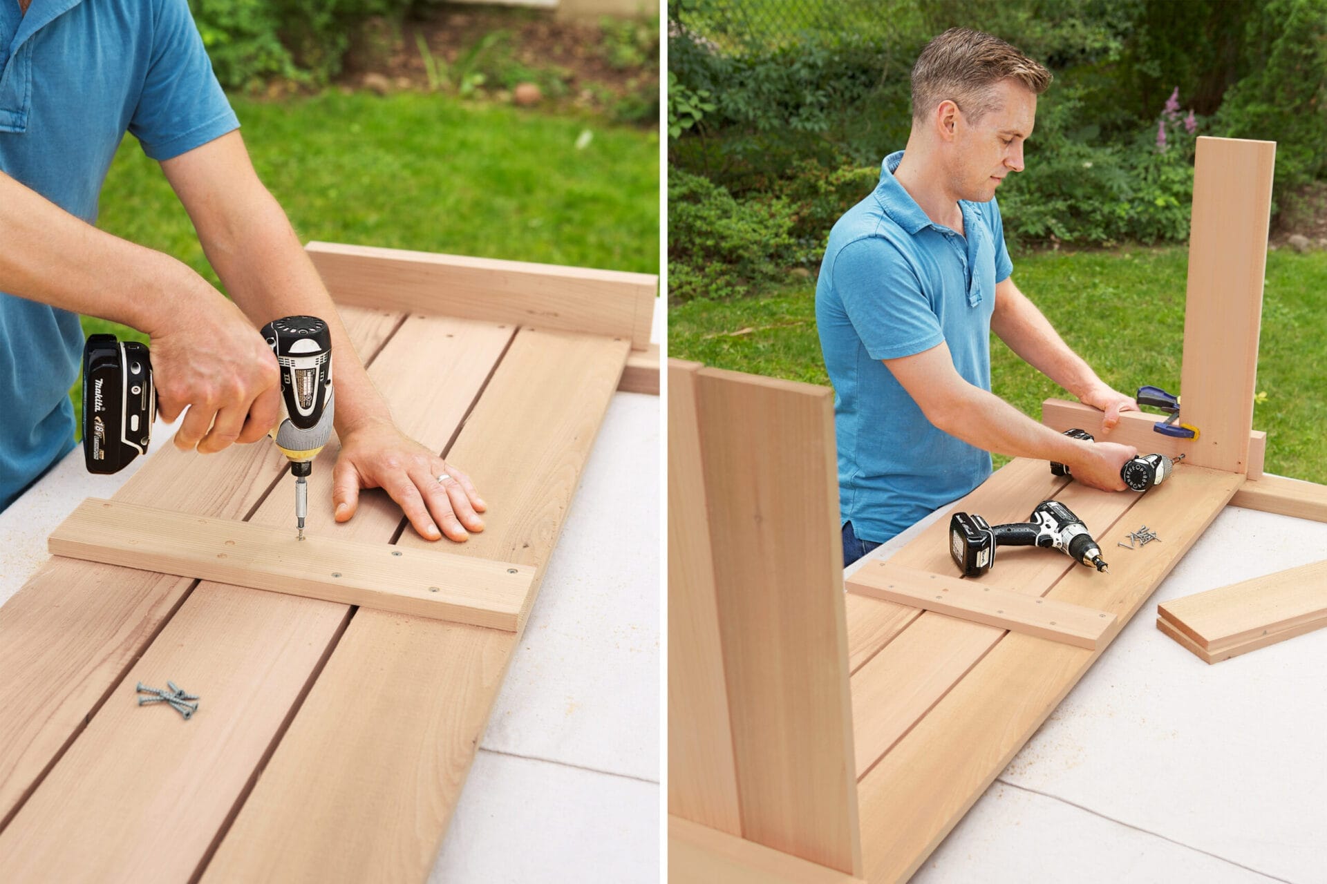 drilling connectors into the front panel and the legs of a compost bench